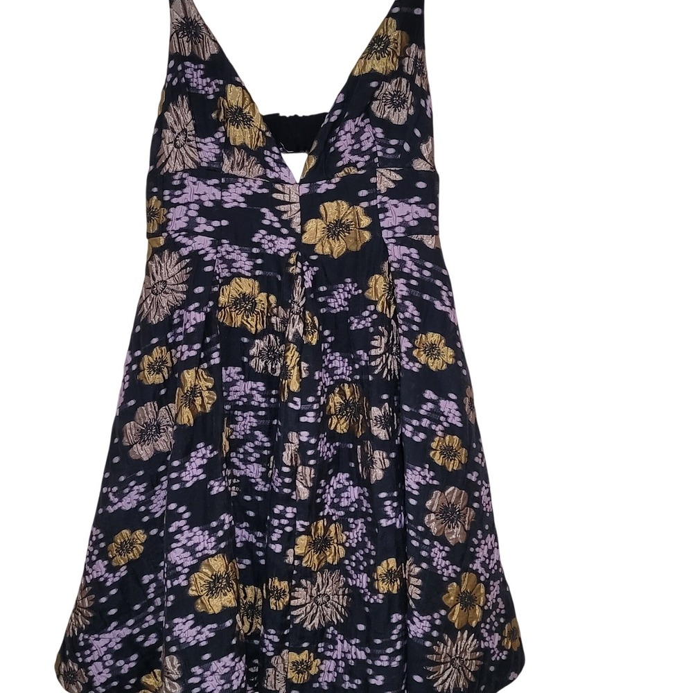 Anthropologie Metallic Gold Floral Brocade Mini Dress Black Purple Sz 4 boho new